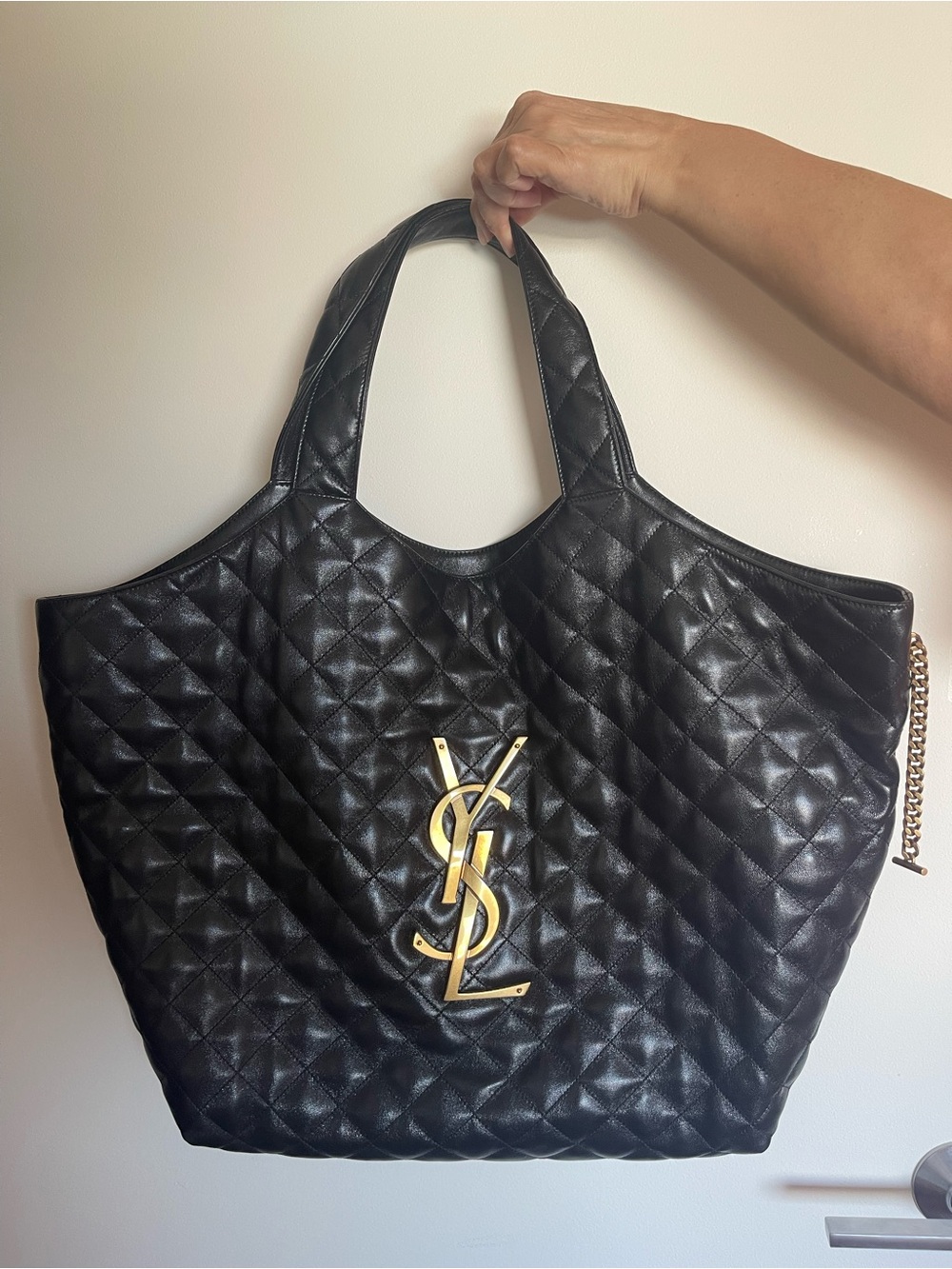 Saint Laurent Black Quilted Leather Tote with Gold YSL Emblem Icare